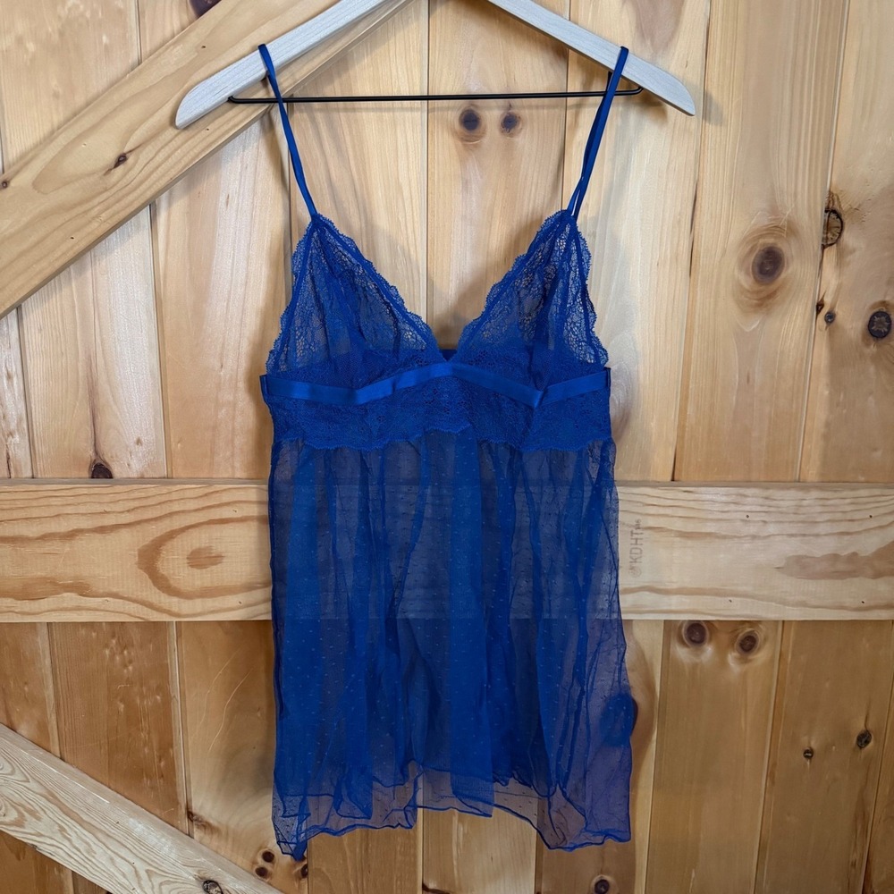 Victoria's Secret Blue Lace Trim Sheer Babydoll Chemise Lingerie Top Large
